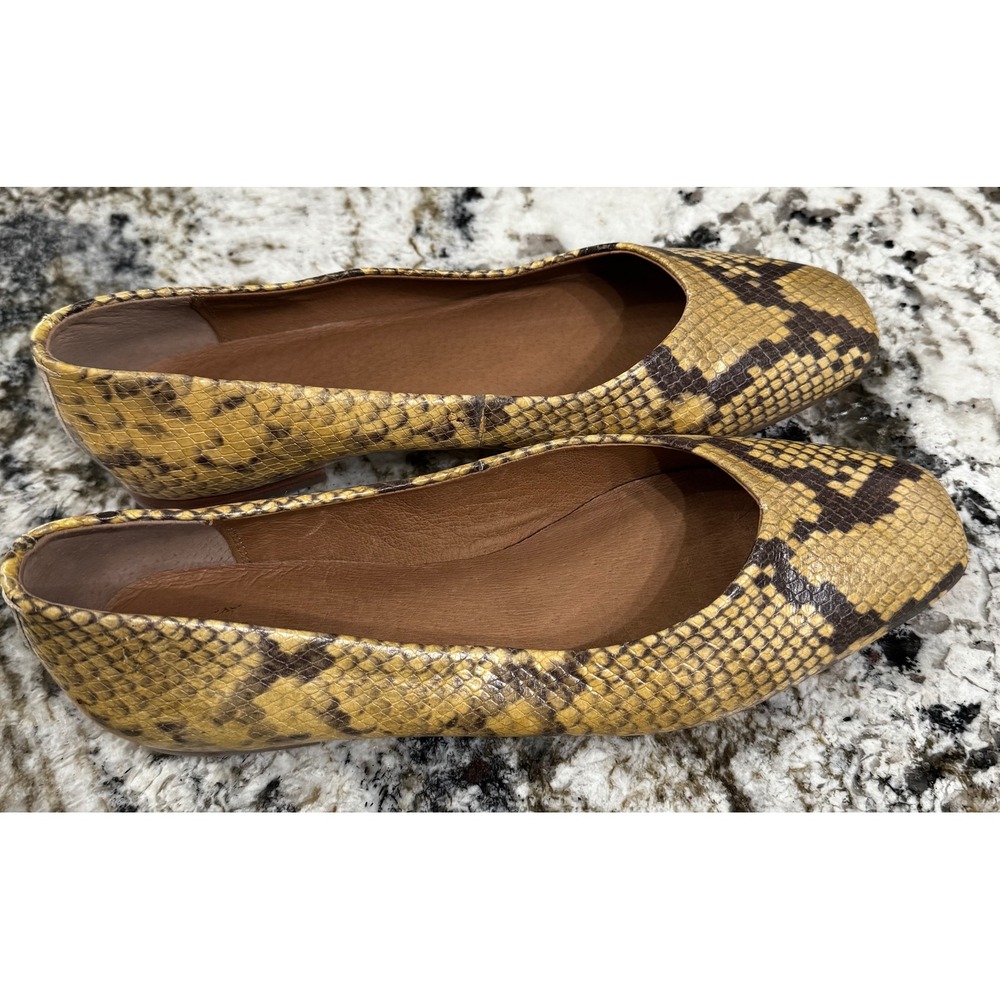 Frye Women Yellow Snakeskin Embossed Leather Square Toe Ballet Flats Shoes